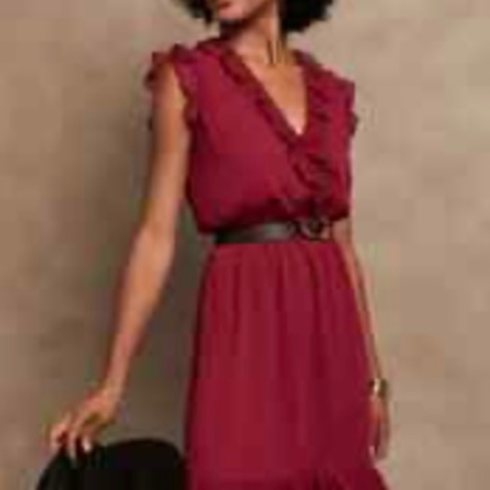Banana Republic Maroon M Flutter Sleeve Dress Scandi Coastal Cottagecore